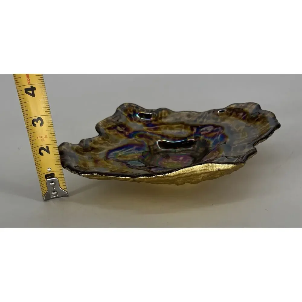 Iridescent Art Glass Oyster Shell Bowl Gold Base Trinket Dish 9.5” Candy Vintage